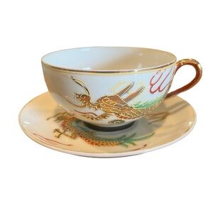 1 Dragon Ware Tea Cup and Saucer, Geisha Lithophane on White|Gold, Moriage